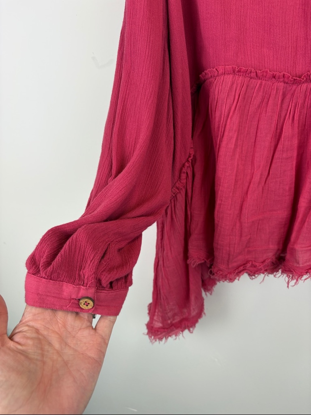 Free People Pink Gauze Button Front Peplum Top XL Boho Flowy Raw Hem Blouse - Picture 10 of 11